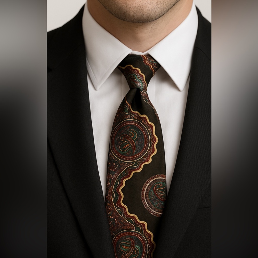 🕴️ Vintage 100% Silk Paisley Tie – Made in USA – Black with Jewel-Tone Pattern